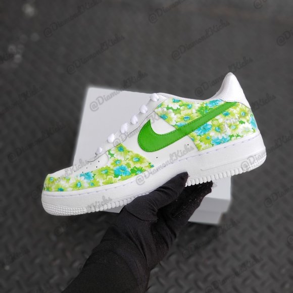 Nike Shoes - Custom Nike Air Force 1 White Green Blue Flowers
